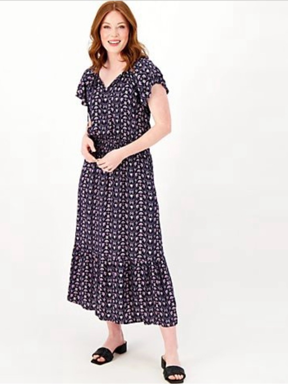 Destination 365 Printed Short-Sleeve Midi Dress With Smocking Size Large Petite